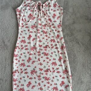 Floral Tie-Front Ribbed Tank Dress - White with Pink Floral